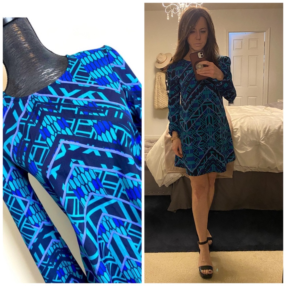 Blue Navy & Purple Pattern Dress Long Sleeve A-Line XS